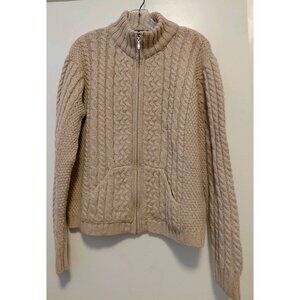 Inis Crafts 100% Merino Wool Cable Knit Full Zip Beige Sweater Large Fisherman